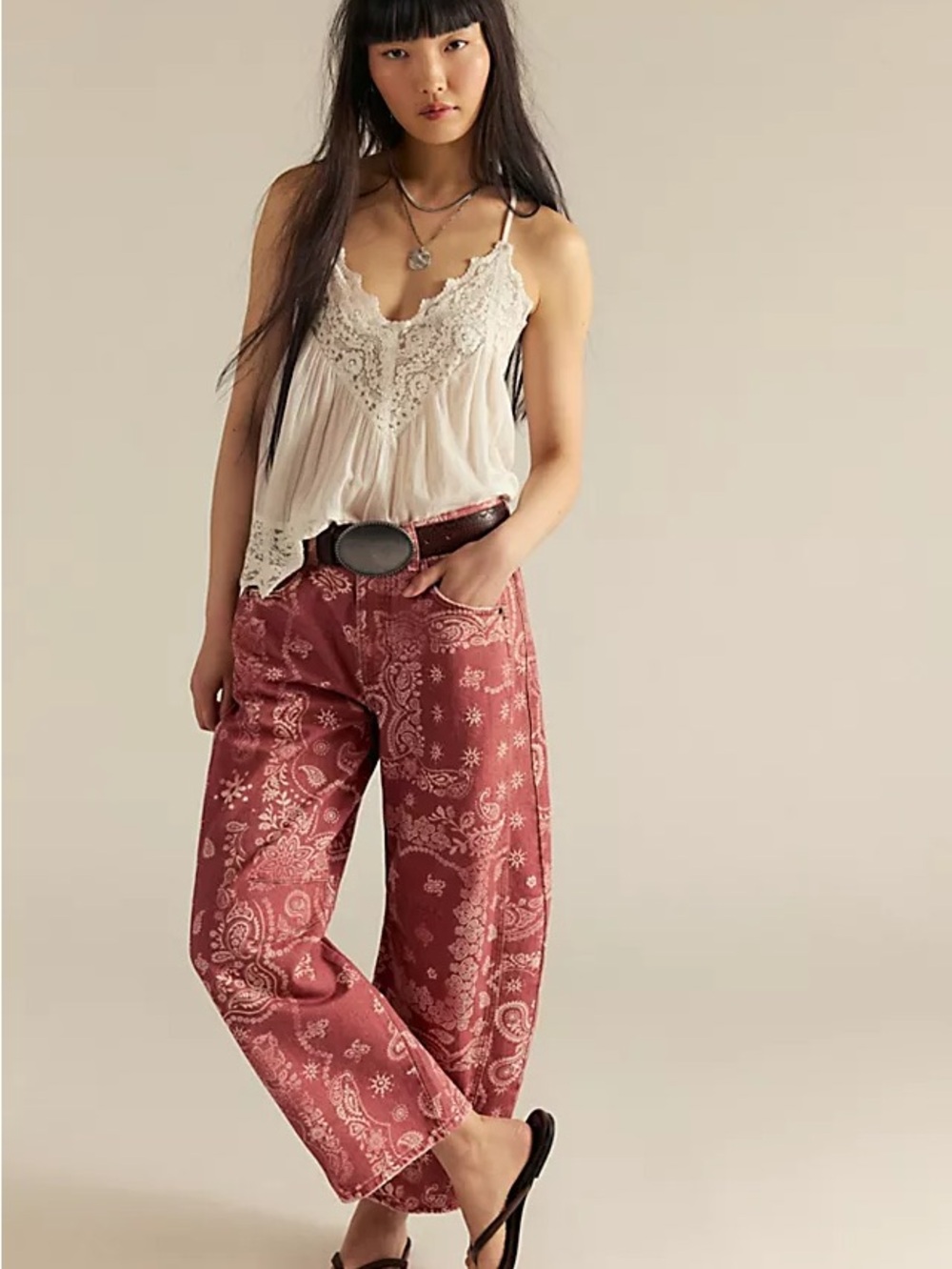 We The Free Good Luck Printed Barrel Jeans in Rust Combo-Bandana Block